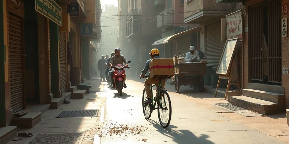 Parcel Surge player using a bicycle to navigate through narrow lanes in Varanasi's old city, avoiding pedestrians and street vendors