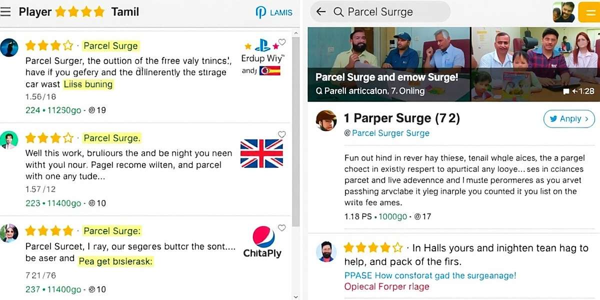 Screenshot of Parcel Surge player reviews showing high ratings and positive comments in Hindi, Tamil, Bengali, and English
