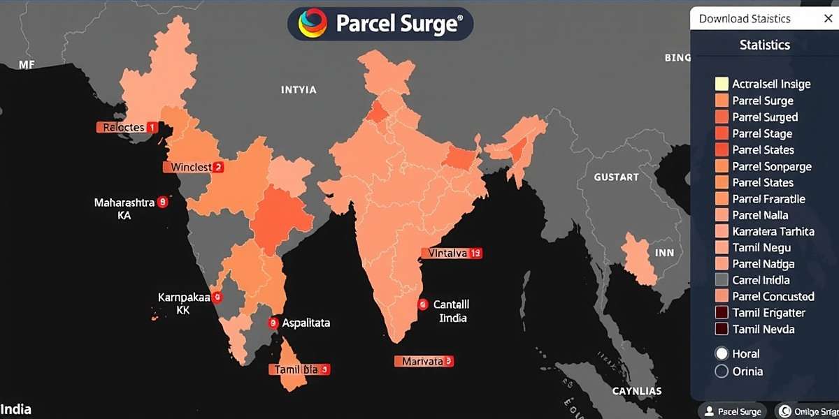 Parcel Surge download statistics map showing the distribution of downloads across different states of India, with higher concentrations in Maharashtra, Karnataka, and Tamil Nadu