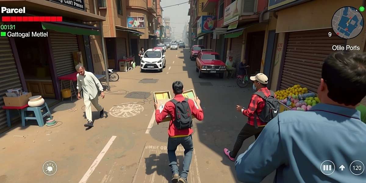 Parcel Surge gameplay showing a player navigating through a crowded market area in Old Delhi, avoiding pedestrians and street vendors while carrying multiple packages