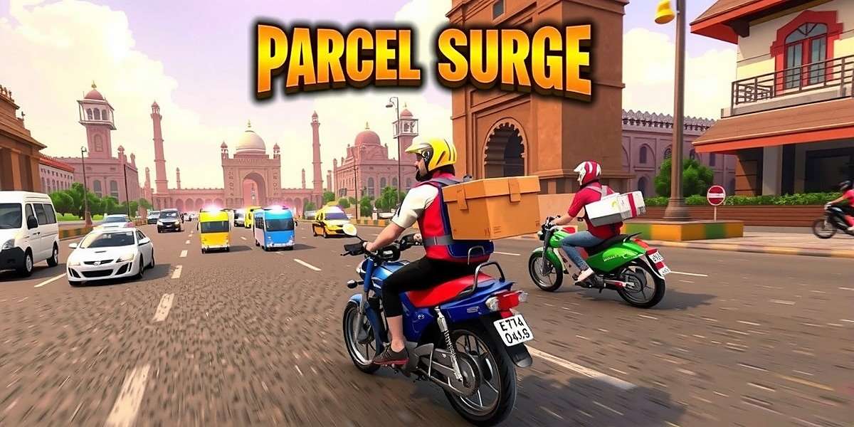 Parcel Surge game cover showing a delivery rider on a motorcycle navigating through a busy Indian street with various landmarks in the background